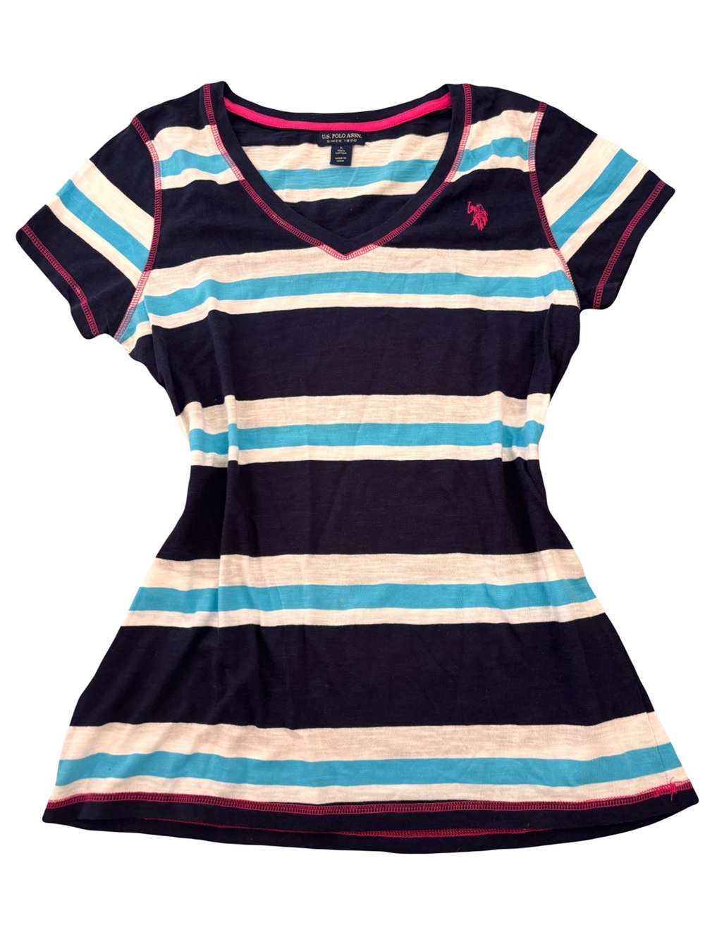 U.S. Polo Assn. Navy, Cream & Teal Striped V-Neck Tee with Pink Pony